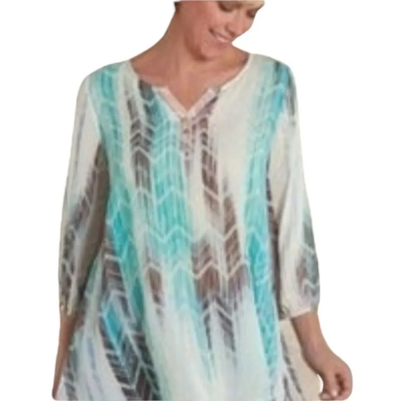 Soft Surroundings Tayanna Aqua Brushstroke Semi-Sheer Chiffon Tunic Top Large - Picture 1 of 7